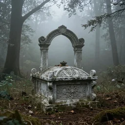 a single tomb in the middle of a foggy forest, ornate, foggy