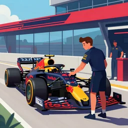 illustration of red - bull - mechanic working, formula 1, paddock, style by kienan lafferty knkl