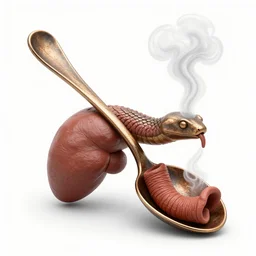 a spoon in the shape of a snake made from bronze, vapour, air flow, clay, no humans, alchemical drawing, steam, larynx, oesophagus texture, 8 k, unreal, high resolution, vivid colours, 3 d render