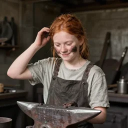 photograph of a young girl working in a blacksmith's forge, slight smile, red hair, soot on her cheek, one hand pushing back the hair from her face