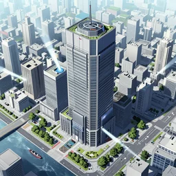 Concept Art Illustration of neo-Tokyo Bank Headquarters Map, in the Style of Akira, Syndicate Corporation, Anime, Dystopian, Highly Detailed, Helipad, Special Forces Security, Searchlights, Boat Dock, For multiplayer Stealth fps bank robbery simulator, Unreal engine 5, Akira Color Palette, Inspired by MGS2 + SAC2 + FLCL, 8k :4 by Arc System works + Katsuhiro Otomo : 8