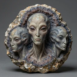 three quarter view, extraterrestrial portrait, rock, mineral, geode, whole head, 3/4 view, dry, dramatic lighting, painted by andreas rocha