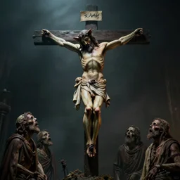 a highly detailed realistic photographic render crucified christ with the head of a pig, dead souls, religious sculpture, creepy, cinematic lighting, cinematic scene, Volumetric lighting, Atmospheric scene, Dark, Horror, Atmospheric lighting, Global illumination, realistic, photo realism, hyper realistic, hyper realism, photo realisitc, cinematic render, film, beautifully lit, ray traced, octane 3D render, octane render, unreal engine