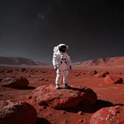 astronaut is standing on an alien empty planet full of red rocks, dramatic, lonely, cinematic effect