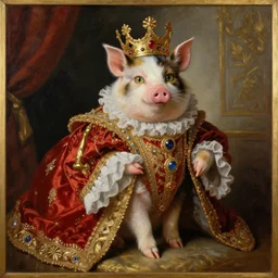 the royal king's pig by greg hildebrant fancy rococo baroque regal feline oil painting high quality award winning clothed in fancy garb