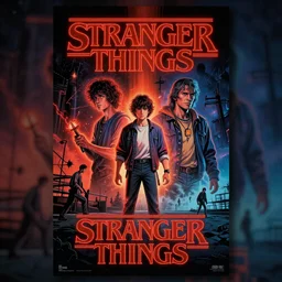 Stranger Things poster by Ashley Wood and Mike Mignola and Drew Struzan, artstation, 80's American sci-fi poster style, 4K detailed post processing, footage