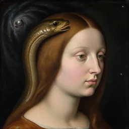 a closeup portrait of an eel - headed woman, head of an eel, in a nebula, early netherlandish painting