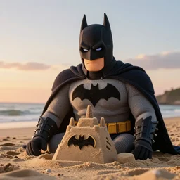 a photorealistic image of a large knitted batman guarding the batcave sandcastle during sunset at the beach Trending on artstation, featured on Behance, well-rendered, Unreal Engine, 4K HD