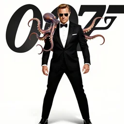 ( james bond ) 0 0 7 movie poster, ( james bond ) in bodyguard stance, octopus on shoulder, highly detailed, intricate detail, trending on artstation, by ( ( ( tom whalen ) ) ), by artgerm, wby wlop