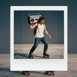 Space man with vintage boom box on his shoulder on roller skates Polaroid photo photorealistic unreal engine high resolution 8k