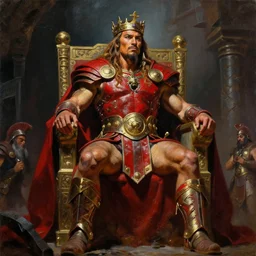 beautiful portrait oil painting, jason momoa conan the barbarian standing in a dungeon wearing a crown and royal crimson spartan armor enthroned as the god emperor of ancient rome, muscular, action pose, frank frazetta, boris vallejo, greg rutkowski, beautiful cinematic light, low angle, thomas lawrence, greg rutkowski, high contast