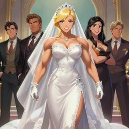 portrait of samus aran as a very attractive happy female bodybuilder wearing wedding dress, elegant, fantasy, hd shot, digital portrait, beautiful, artstation, comic style, by artgerm, guy denning, jakub rozalski, magali villeneuve and charlie bowater