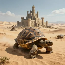 gargantuan tortoise with a large castle rising from the shell, walking through a sandy wasteland, inspired by howls moving castle and mortal engines, mid - distant shot centered birds eye view, fantasy, hyper detailed, 4 k
