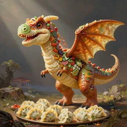 a wonton rapper raptor, food dinosaur, dinosaur made of food, painting by james gurney