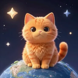 A fuzzy orange cat sitting on planet earth, space with stars in the background, trending on artstation, 3D animation, in the style of Dr. Seuss