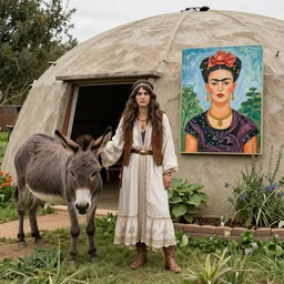 hippie woman outside of earthship in garden with donkey Frida kahlo painting