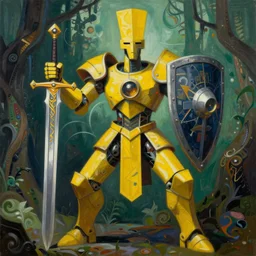 full body, attack position abstract John Chamberlain painting in lush fantasy environment of a ornate holy mechanical warforged with circular glowing eye, character in yellow armor holding a legendary paladin engraved holy great longsword and carrying a huge heavy paladin shield, vertically flat head, face in focus, epic , trending on ArtStation, masterpiece,  cinematic lighting