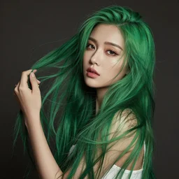 beautiful woman playing with her very long green hair