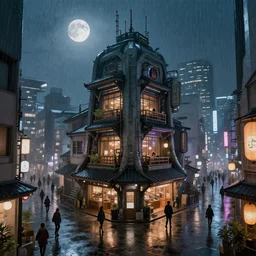 japan style, small building, city, street, science fiction, cyberpunk, rain day, wide angle, full of people, moon, a lot of lights, cinematic lighting, high detail, digital painting, concept art, illustration, smooth, sharp focus, trending on artstation, trending on deviantart, 4 k