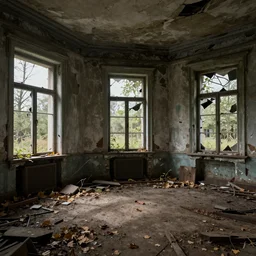 ruined, abandoned polish mansion, seen from inside. Diffused light falls through the broken windows. Dirt, leaves on ground. Unreal Engine. Substance painter. Zbrush. Trending on artstation. 8K. Highly detailed.