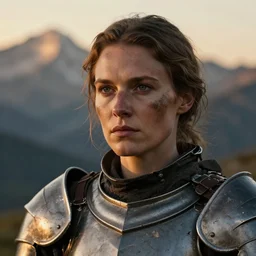 head and shoulders portrait of a female knight, broken armor, lightly dirty face, detailed face, photography by paul schutzer, dramatic mountain background, golden hour, hq