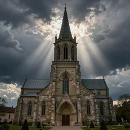medieval church, stormy weather, god rays
