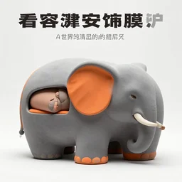 a sleeping pod in the shape of an elephant with grey and orange accents designed by antony gormley, advertising photography
