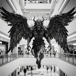 camera footage of a Large demon or angel in an abandoned shopping mall, high exposure, dark, monochrome, camera, grainy, CCTV, security camera footage, timestamp, zoomed in, fish-eye lense, Titan, Attack on Titan,