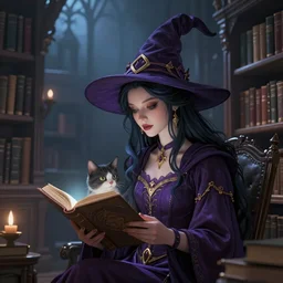 An elaborately detailed portrait of a beautiful witch and her cat, reading a book at a library, dreamscape maximized, cinematic lighting, fantasy art illustration, trending on Artstation