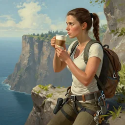 Lara Croft contemplating life while drinking coffee on a high cliff face after a long adventure, painted by Marc Simonetti