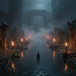 the greek underworld, river, thin fog, torches, accent lighting, dramatic, by wlop, feng zhu, artgerm, artstation, ayami kojima, 1 6 k, wide angle