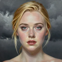 professional painting of Elle Fanning in the style of Geof Darrow, head and shoulders portrait, symmetrical facial features, smooth, sharp focus, illustration, intricate, stormy weather, extremely detailed masterpiece,