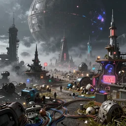 settlement on a distant planet, junk everywhere, wires everywhere, lights, neon, magical atmosphere, mist, photo realistic, trending on artstation, ultra realistic, octane render