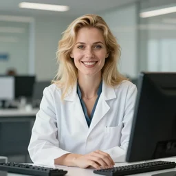portrait of female blond happy, smiling computer scientist. 8 k. art nouveau.