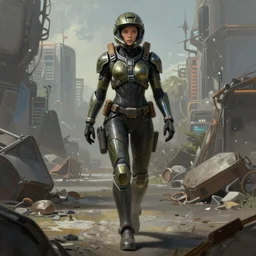realist painting of a female titanfall pilot walking across a cyberpunk wasteland without a helmet, symmetrical face details, League of Legends Character Splash Art, ultra realistic, very highly detailed, 8K, octane, Digital painting, concept art, illustration, rule of thirds, sharp focus, centered, Halo Spartan Armor, Apex Legends, rubber suit, Zdzisław Beksiński