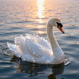 a crystal swan floating in magical waters, 8k, light reflections on water, sunset, hdr, artstation trend, luminous crystal, professional photo