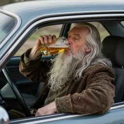 gandalf drinking beer in a car, top view, surreal, high detail