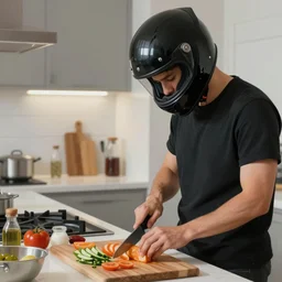 person in a kitchen, wearing a closed black motorcycle helmet, cutting food with a knife, in a modern kitchen, painting by mark keathley