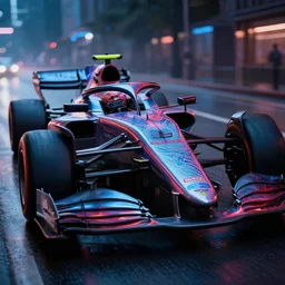 close up macro shot of a racing car on wet city street at night, intricate, hyper detailed, smooth, high contrast, neon, volumetric lighting, octane, moebius, greg rutkowski, blade runner, ripley scott, cindmatic