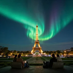very relaxing wide shot of aurora night at magical paris landscape, realistic render, vivid colors