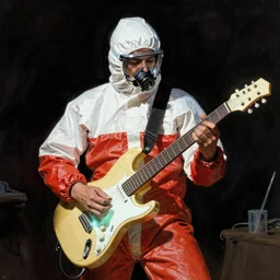 scientist wearing red and white hazmat suit playing a glowing guitar by frank frazetta
