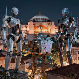 a peatiful detailed digital art, robots invading istanbul, dramatic lighting, neon