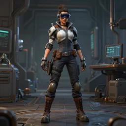 character art of a female engineer wearing futuristic overalls, goggles, toolbelt, heavy-duty boots, gloves, sharp features, hair tied up in a bun, videogame character, Starcraft 2, Factorio, Gears of War, highly detailed full-body art, futuristic, serious, concentrated, industrial aesthetic, highly detailed, photo realistic, technical atmosphere, 8K, octane render, unreal engine