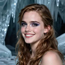 color still photo of emma watson in an ice cave, detailed, heavy makeup on face, grinning