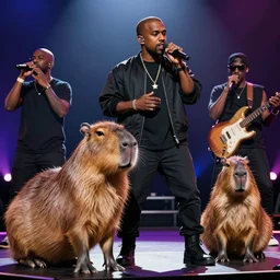 4 k photograph of kanye west on stage performing alongside a capybara!!!. hyper detailed, 4 k, high quality, smooth, sharp focus
