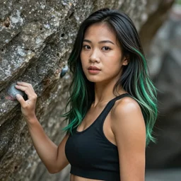 beautiful tanned Vietnamese boulderer, green streaks in hair, trending on instagram, portrait, photorealistic,