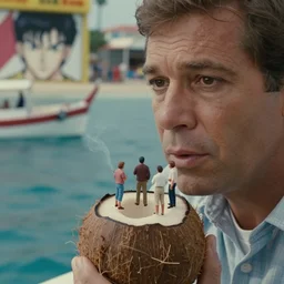 beautiful hyperrealism three point perspective film still of Senior coconut and Dave Brubeck take five and smoke on the water scene in  kon-tiki meets jaws(1988) extreme closeup portrait in style of 1990s frontiers in translucent porclein miniature street photography seinen manga fashion edition, miniature porcelain model, focus on face, eye contact, tilt shift style scene background, soft lighting, Kodak Portra 400, cinematic style, telephoto by Emmanuel Lubezki