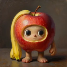 a fruit figurine monster, apple head, banana hair, surrealist oil painting, highly detailed, dramatic lighting, hyperrealistic, 8 k, artstation, cgsociety