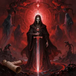 sacred dead man, dark epic, red sea, magic sword, magic light, ghosts, acanthus scroll, ceremonial clouds, dripping paint, fibonacci rhythm, artstation, art germ, wlop, karol bak, christopher balaskas, ross tran