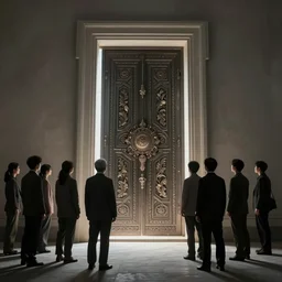cinematic matte painting concept art of a group of people is gathered around a huge door. the door is intricately carved, and it is illuminated by a bright light.